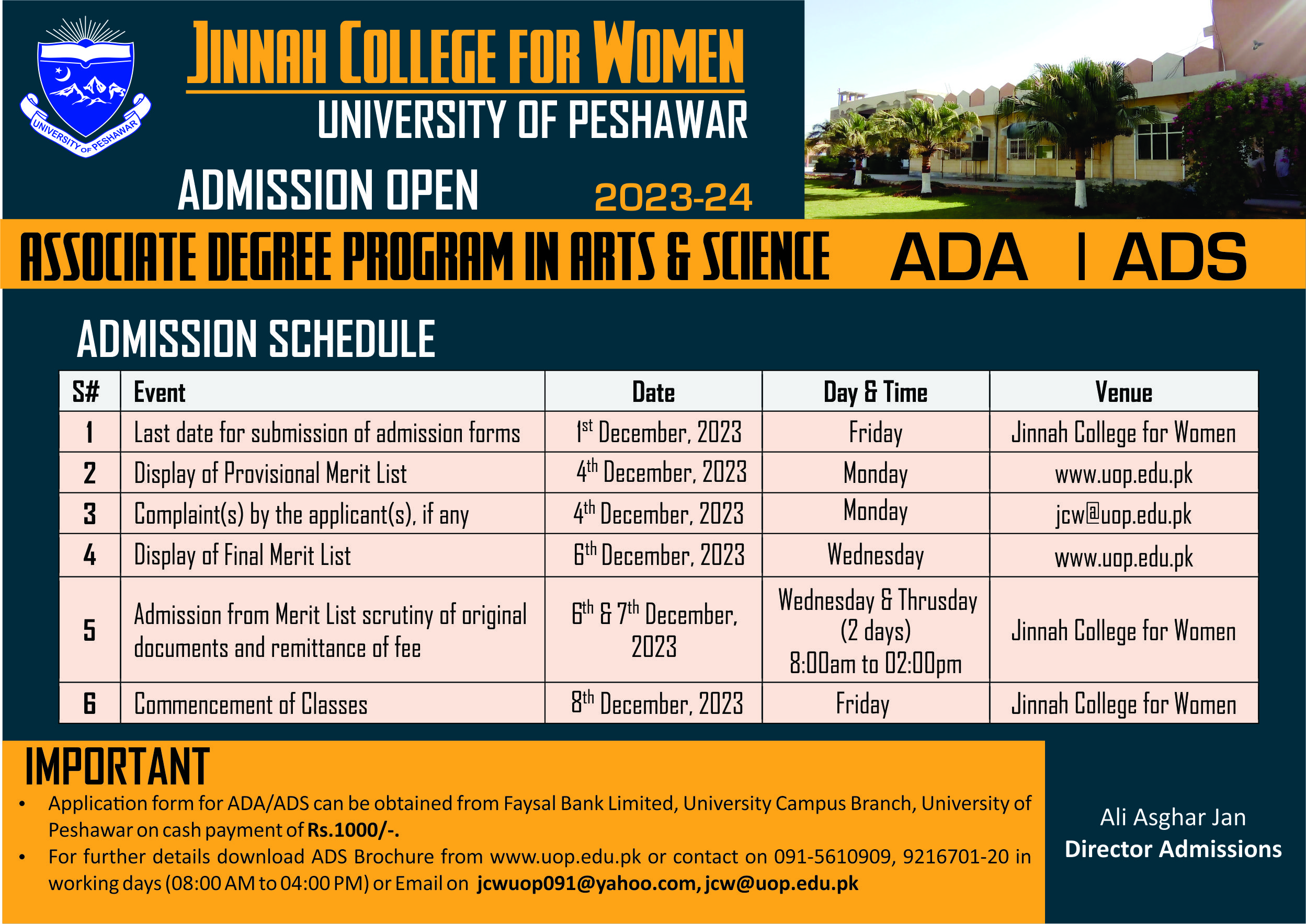 admissions open in JCW, UOP